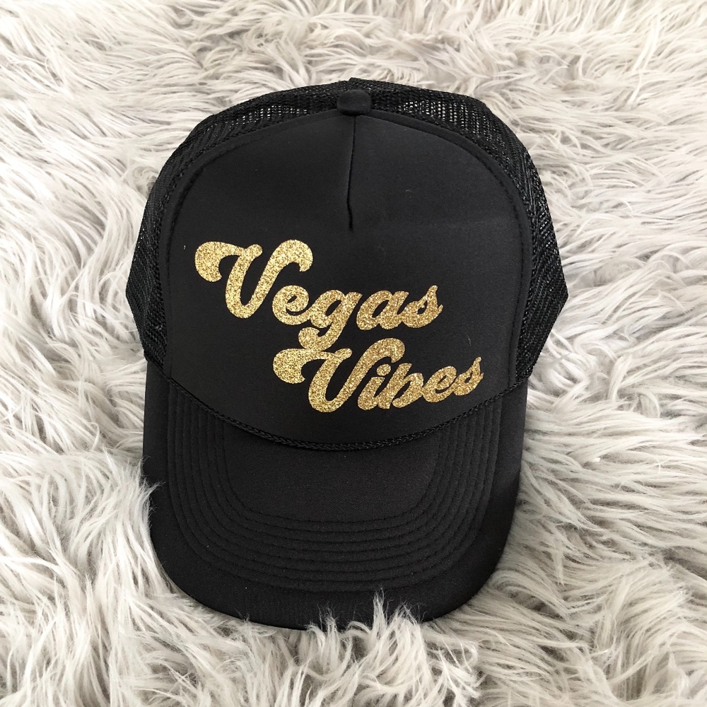 Trucker Hat Black- Vegas Vibes  Gold Glitter